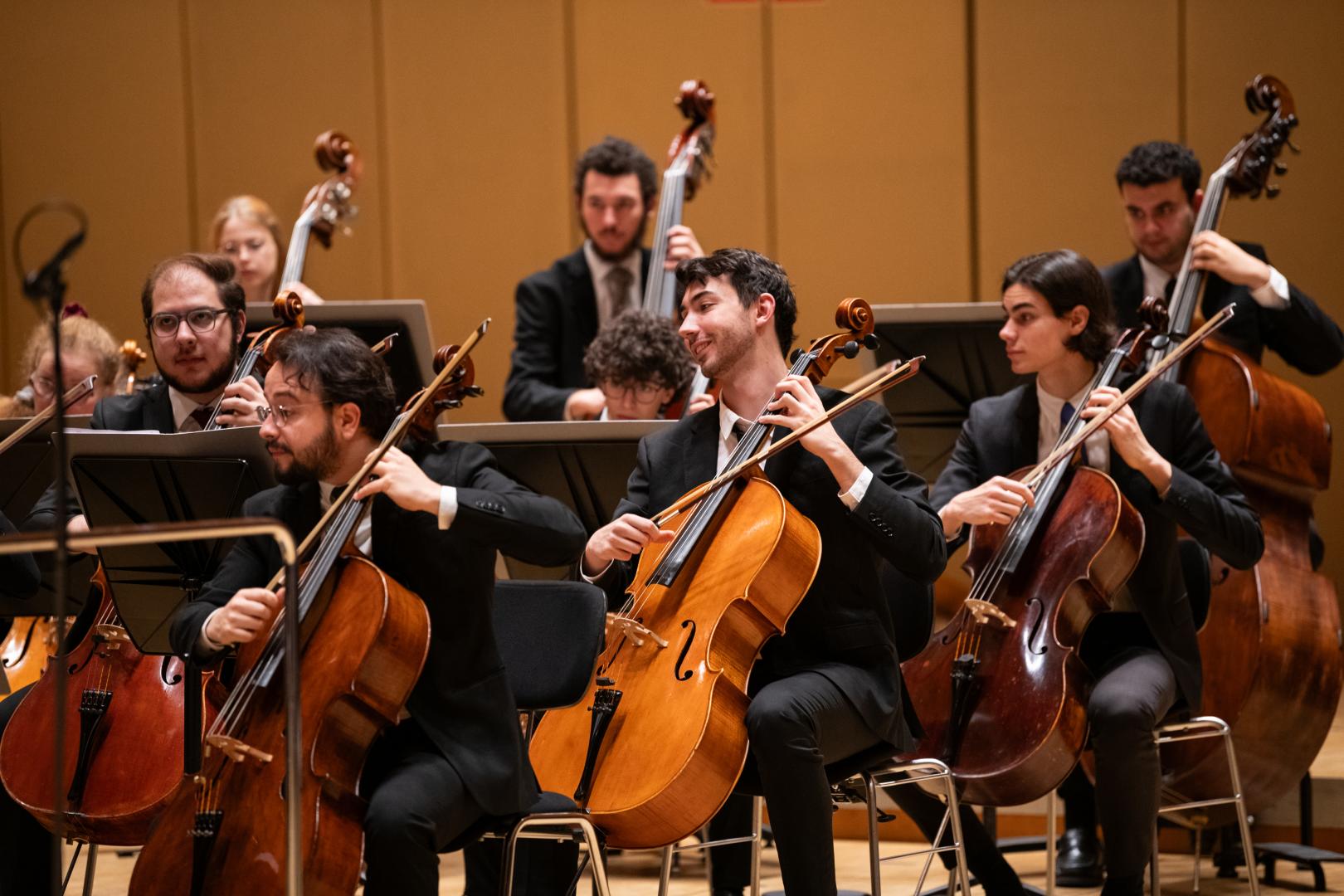 Beim Orchesterkonzert im hr-Sendesaal spielen mehrere Cellisten in einer Reihe und dahinter Bassisten.