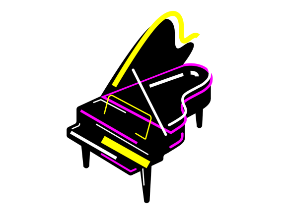 Illustration eines Konzertflügels, hauptsächlich schwarz-weiß, mit pinken und neongelben Akzenten.